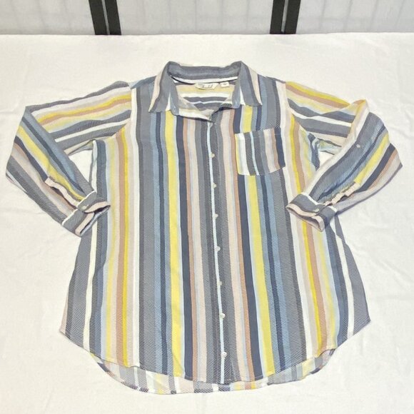 Café Marrakesh Stripe Tunic Shirt M Relaxed Roll Sleeve Button-Up Collared Top - Picture 7 of 12